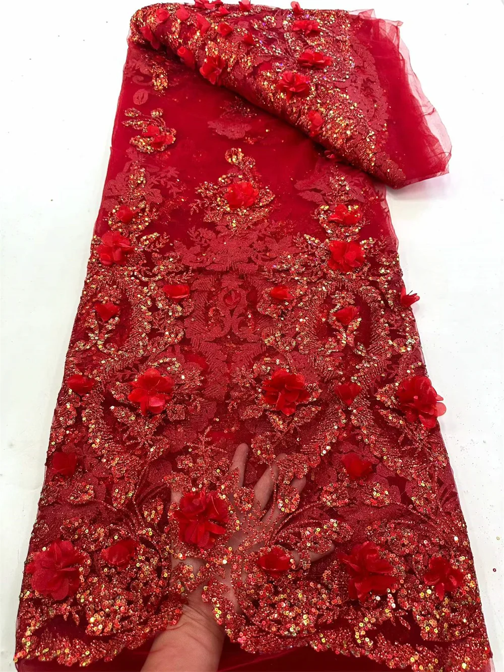 

Модная красная 3D-ткань из тюля с цветами и пайетками 2026 года, нигерийская кружевная ткань для платьев, африканская сетчатая французская ткань для свадебных платьев, женская