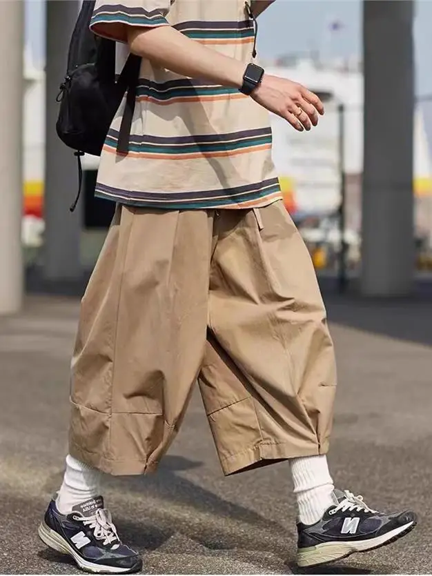 

Летние тонкие свободные широкие брюки-карго для мужчин в японском стиле, модные повседневные прямые брюки-капри INS