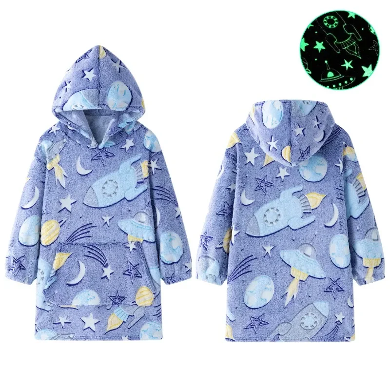 High Quality Spaceship Dinosaur Unicorn Luminous Flannel Hooded Bathrobe Children\'s Lazy Clothes Luminous Blanket Home Clothing