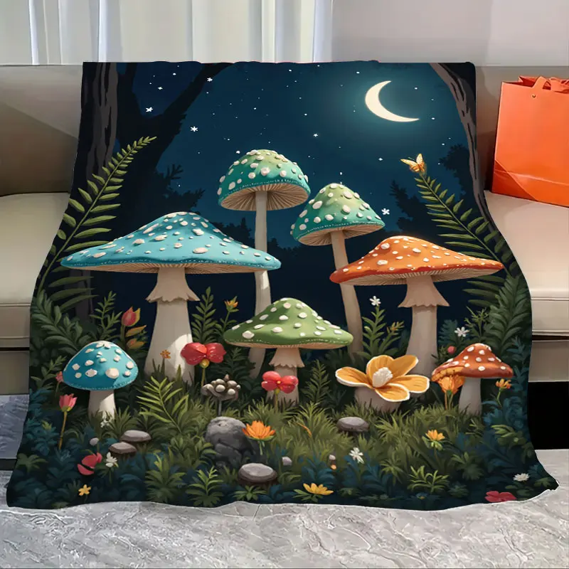 

1pc Flannel Blanket Enchanted Forest Blanket with Glowing Mushrooms and Moonlit Night Scene