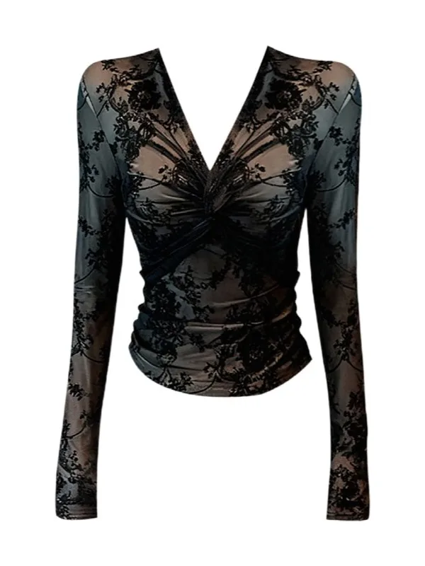 Top Sexy de Tamanho Grande com Base de Renda para Mulheres, Roupa Interna de Outono e Inverno, Slimming, Comprimento Longo, Decote em V com Nó