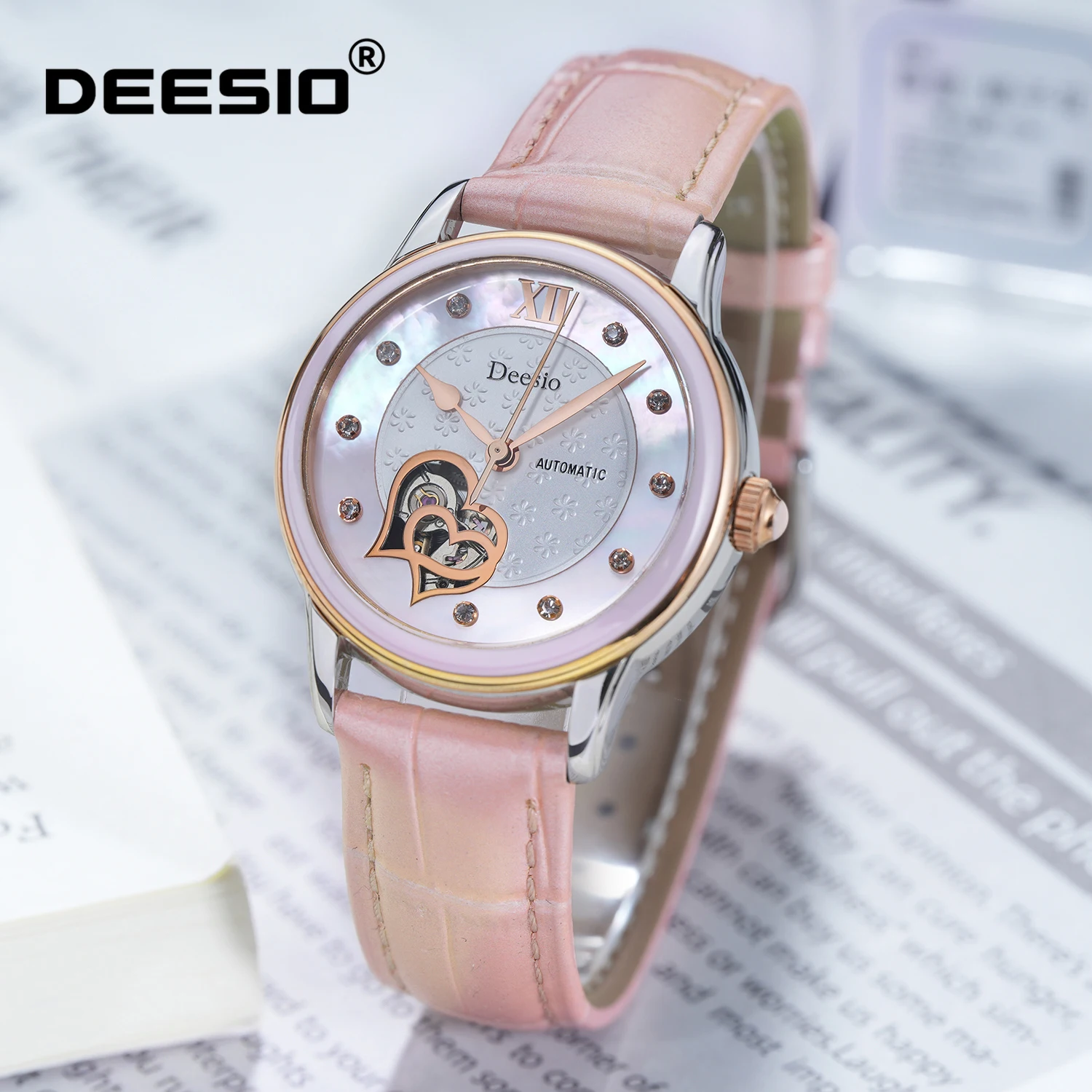 

Женские автоматические механические часы Deesio, полый циферблат с розовыми цветами, кожаный ремешок из нержавеющей стали, водонепроницаемость 5 бар, подарок на День святого Валентина