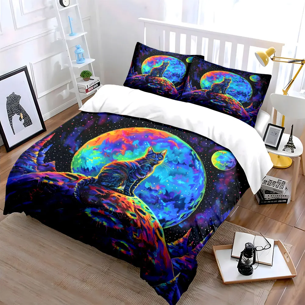 Mysterious Cat in Rainbow Universe Print Bedding Set 1 Duvet Cover 2 Pillowcases for Adult and Children Luxury Gift Full Size