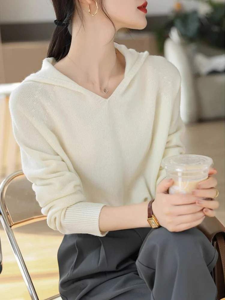 

Корейский свободный вязаный свитер с капюшоном для женщин, облегающий топ с V-образным вырезом, длинными рукавами, однотонный, повседневный базовый слой