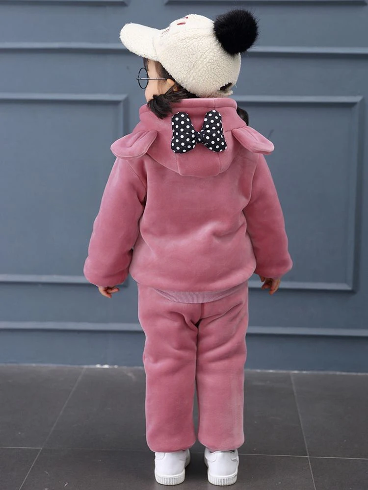 Thicken Velvet Tracksuit Conjuntos Plush Lined Hooded Girls Sweatshirts + Winter Warm Jogger Pants Children Casual 2 Piece Sets