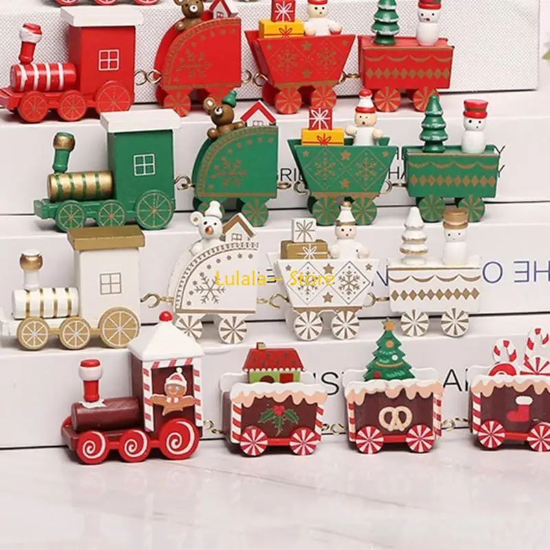 Y4QA รถไฟไม้ของเล่นสำหรับเด็ก, Snowman หมีรถไฟไม้รถม้าชุดรถไฟสำหรับเด็กคริสต์มาสปีใหม่ของขวัญ