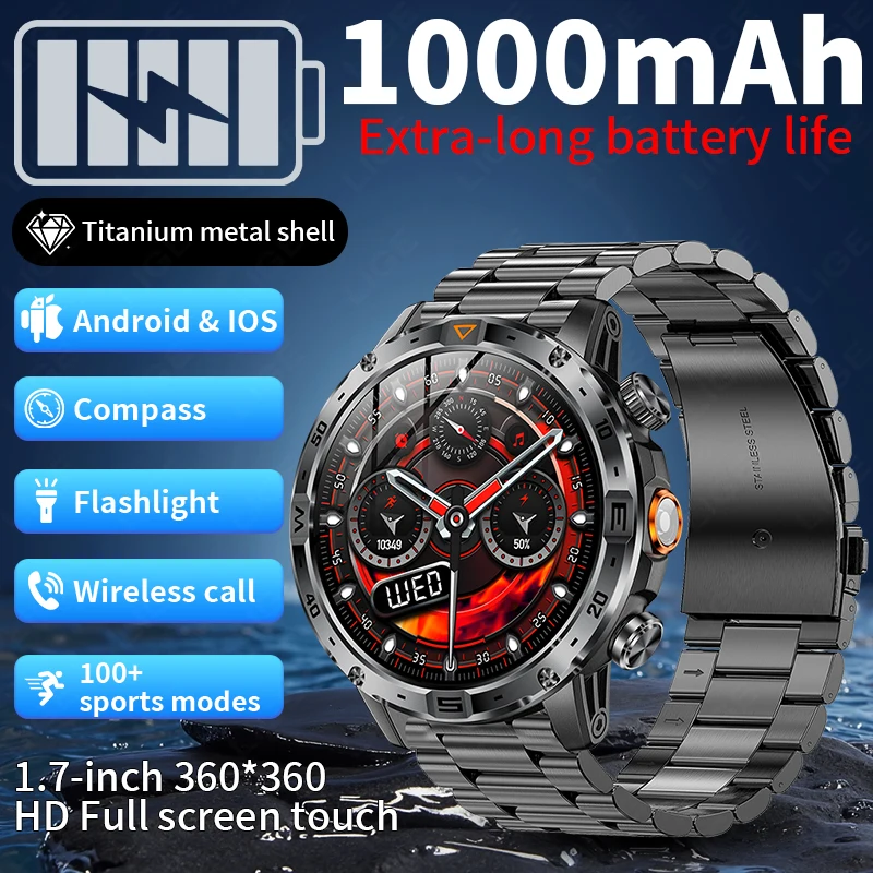 LIGE New Military Outdoor Sport Smart Watch 1000mAh Big Battery Men Flashlight Compass IP68 Waterproof 1.7" BT Call Smartwatch