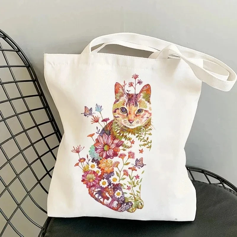 Cat Flower Handbag Women Vintage Aesthetics Kitten Design Shopping Bags Teenager Girls Reusable Tote Bag Female Shoulder Bags