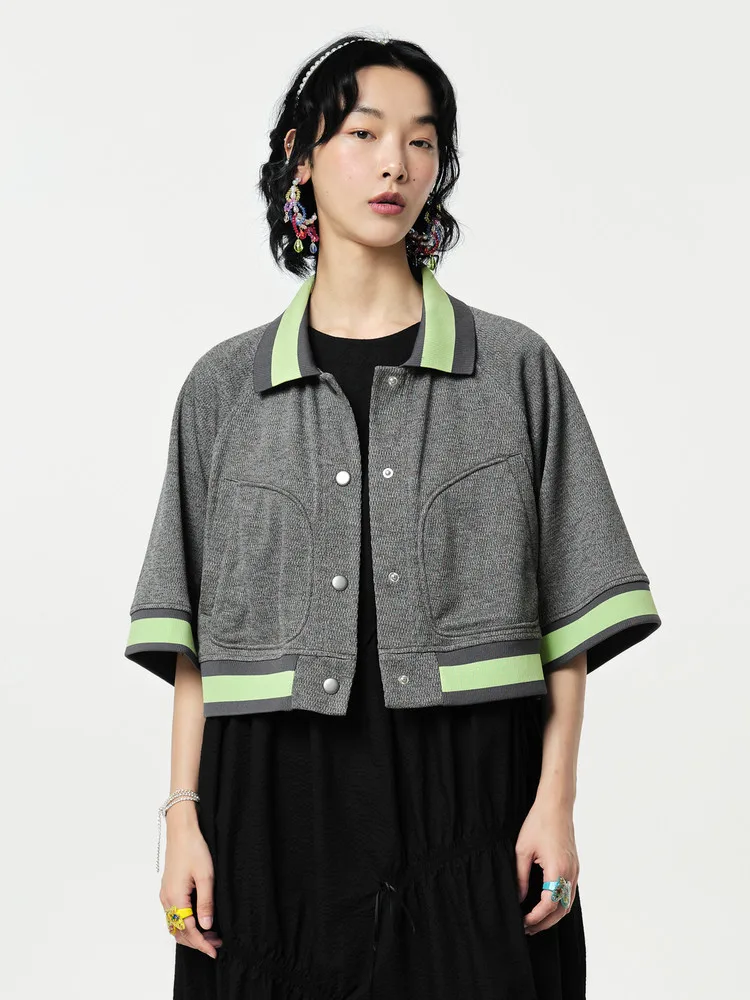 

MOVEUP Half Sleeve Casual Fashion Jackets 2026 Spring New Collar Contrast Color Pocket Raglan Sleeve Coat For Women 124110401