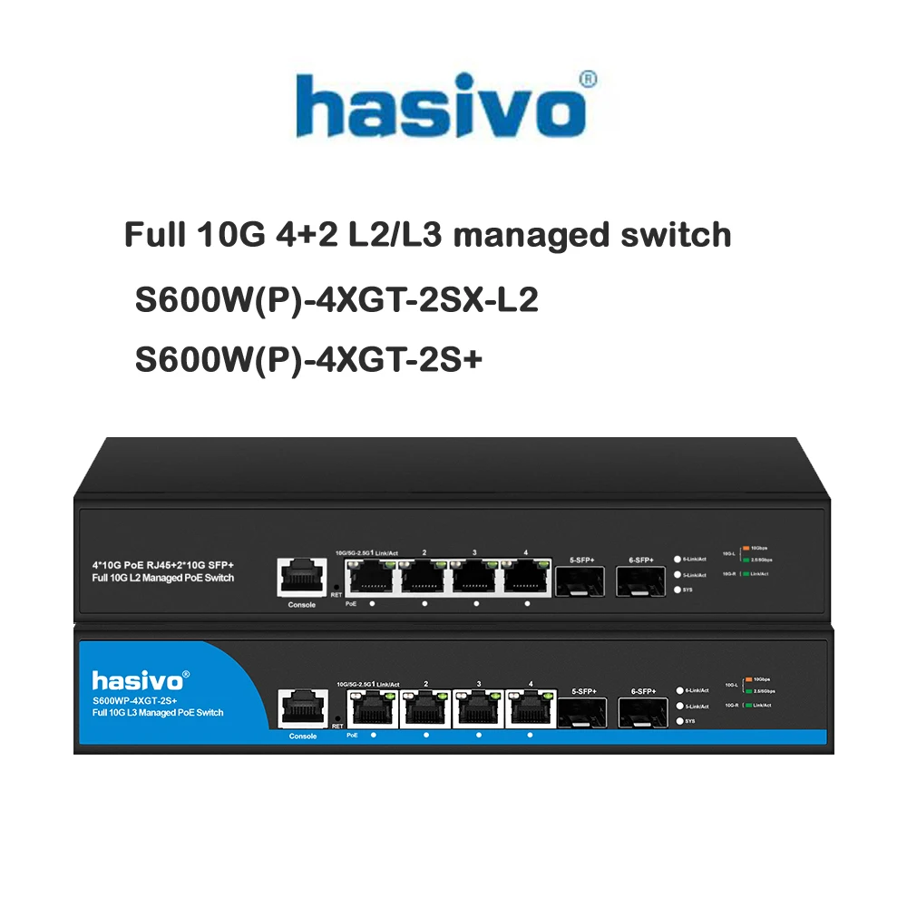 Hasivo 6 Ports Full 10G L2/L3 Managed PoE Switch, S600W(P)-4XGT-2SX-L2/S600W(P)-4XGT-2S+