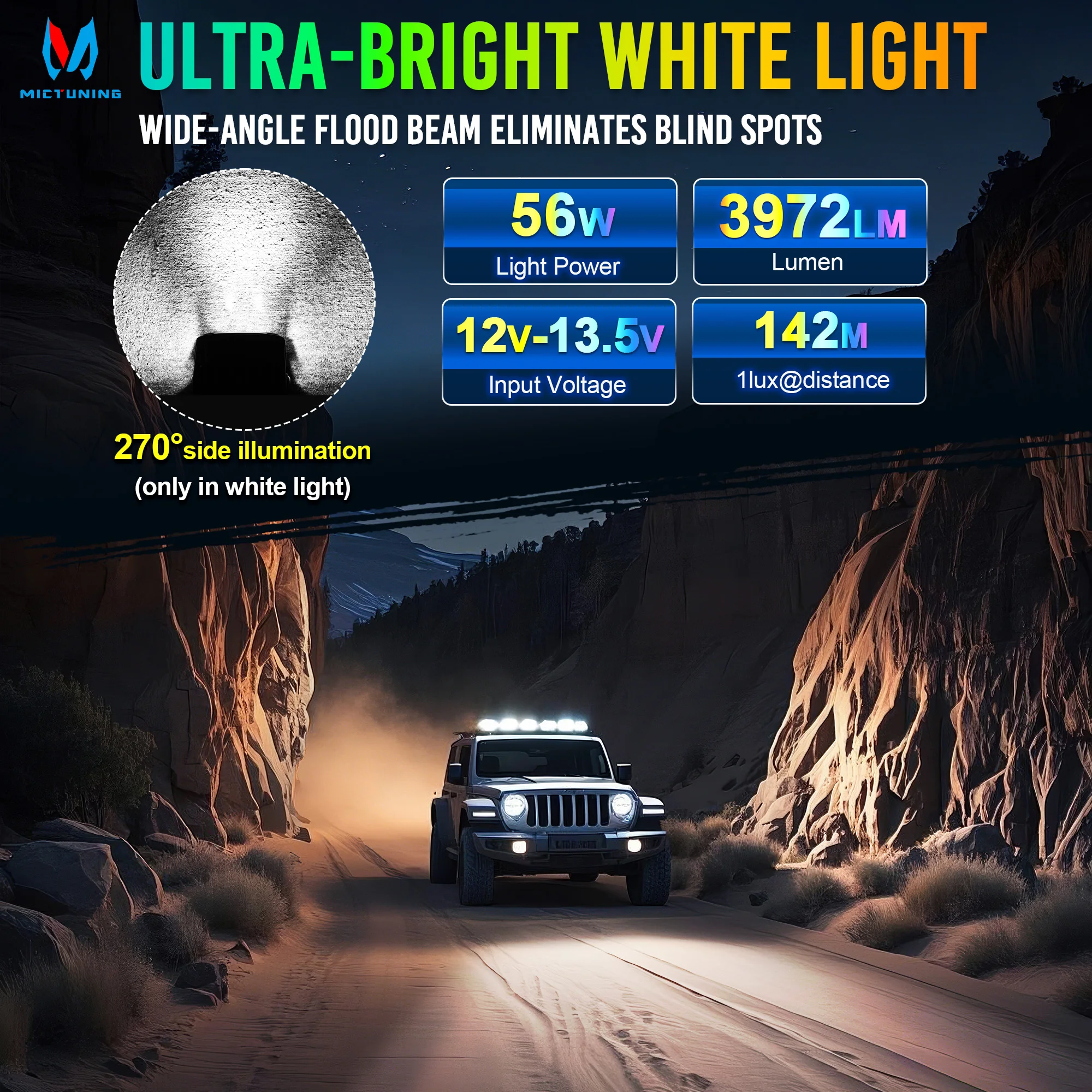 MICTUNING K3  RGB Work Light LED Light Pods, 4-Inch Offroad Driving Light Bar, RGB 7 Colors Flood Beam for  SUV ATV UTV