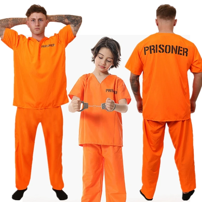 

2023 Cosplay Orange Adult Inmate Costume Prisoner Jumpsuit Jailbird Outfit for Halloween Christmas Men Jail Costume Kids