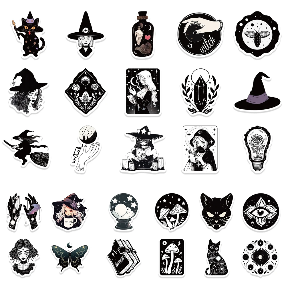 Preto e branco Witchy Cartoon Adesivos, Astrologia, Tarot, Gótico, Decalques de vinil, Presentes para crianças, Astrologia, Desenhos animados, 52pcs