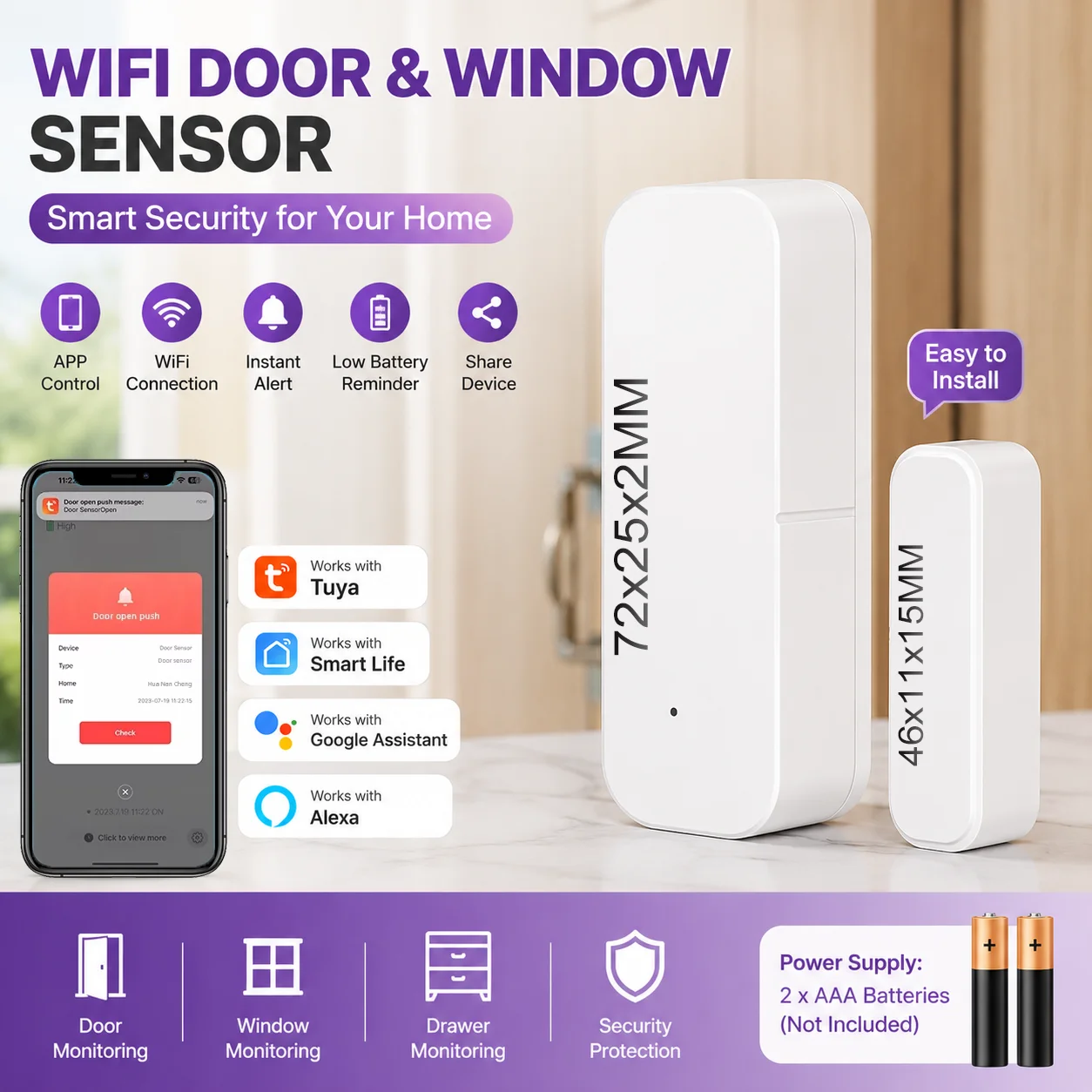 Capteur de contact intelligent WiFi pour porte et fenêtre Tuya, alarme magnétique d'entrée, surveillance à distance via l'application Smart Life, notification instantanée