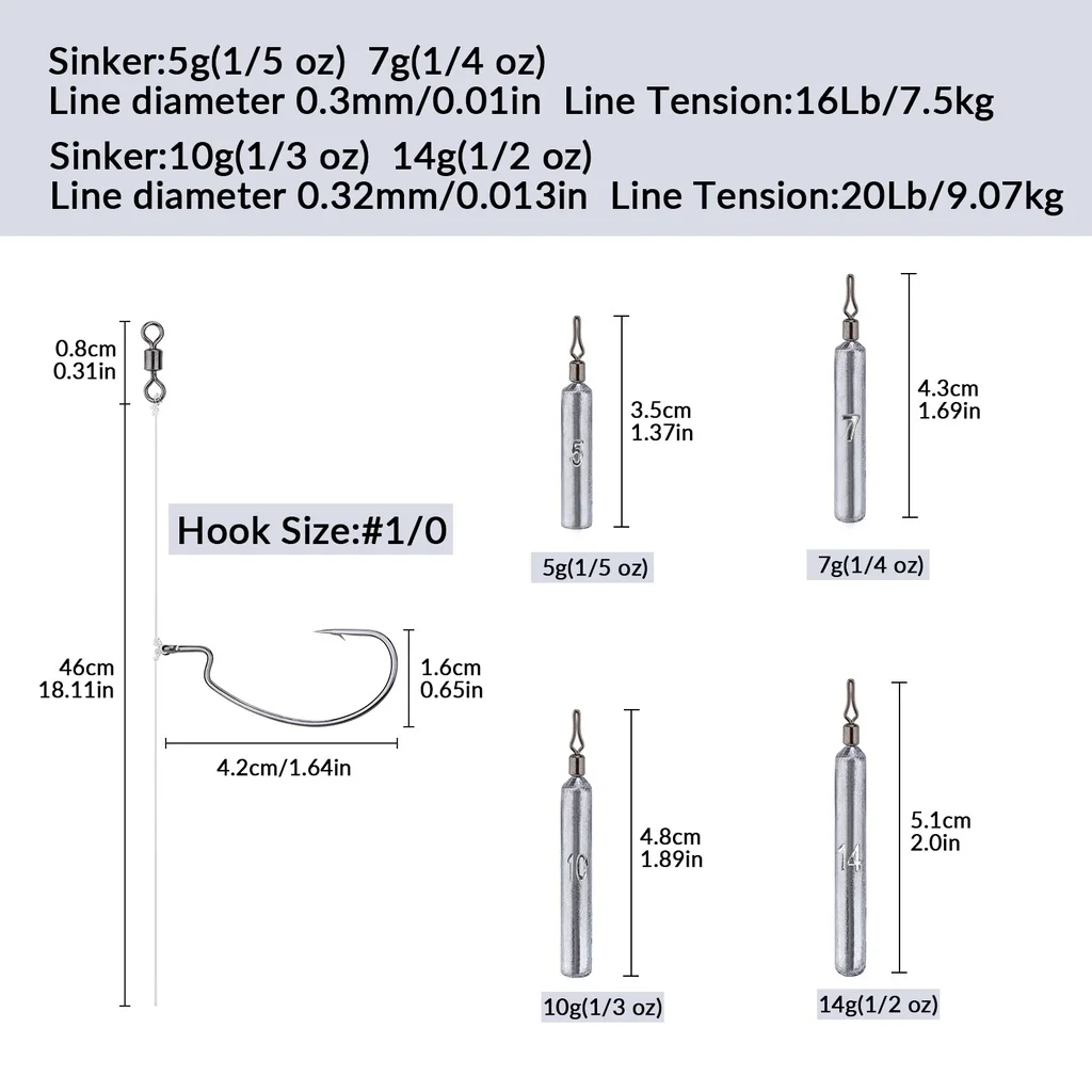 Gota Rig tiro com gancho offset, Sinker pesca, peso do grânulo, linha de pesca Kit Rig, 1/0, 3/0, 5pcs