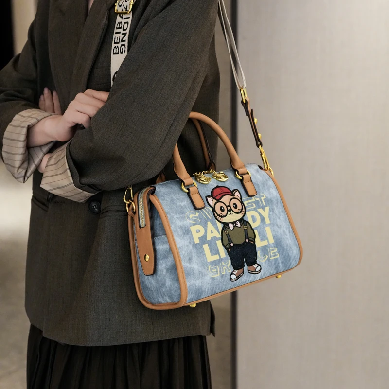【Hot Sale】Vintage messenger bag, women's versatile shoulder bag, cartoon zipper bag, casual pillow bag, large capacity handbag