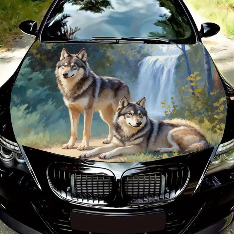 

Наклейка на капот автомобиля с реалистичным изображением серого волка в природном лесу, узор с зеленым ландшафтом, грязной дорогой и водопадом, автозапчасти для грузовиков, 1 шт.