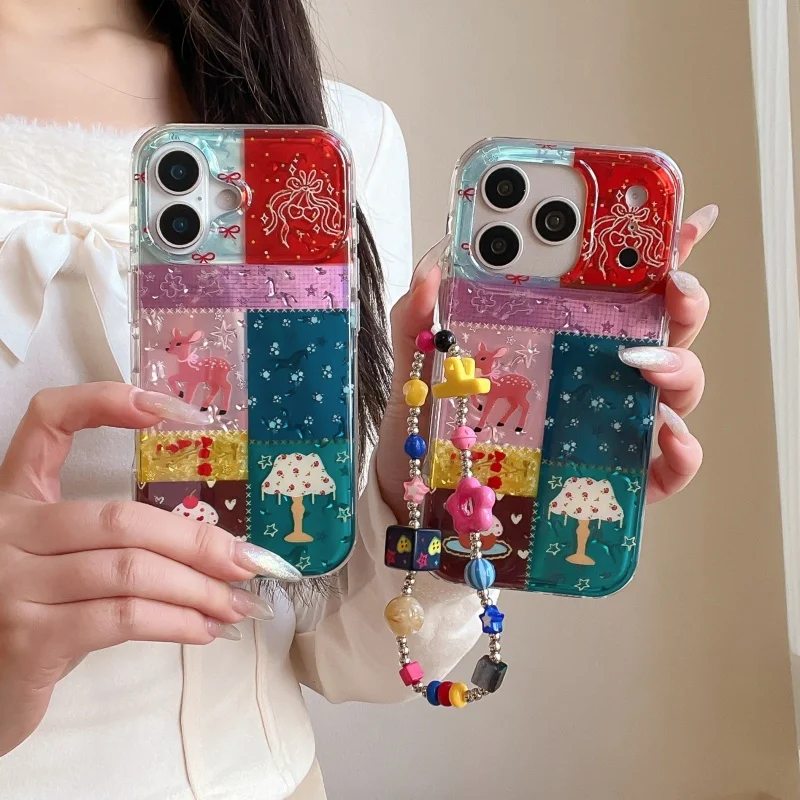 

Fashion Cute Horse Flower Patchwork Phone Case For iPhone 17 Pro 16 15 14 Pro Max Cover with Chain Strap Cartoon Protective Case