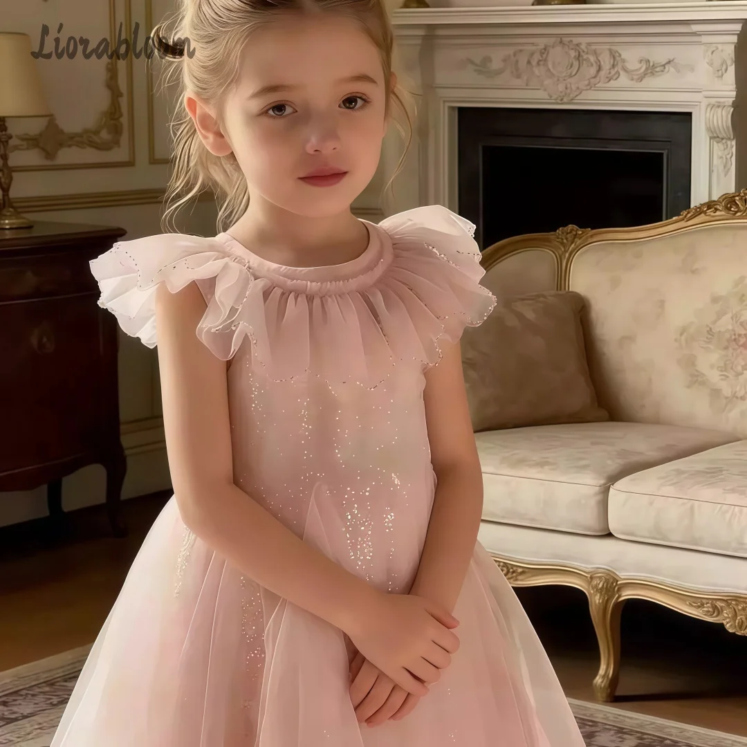 Abito in Tulle Rosa per Bambine con Colletto in Pizzo, Vestito da Cerimonia per Damigelle, Abito Formale Stile Principessa, Elegante Vestito Corto