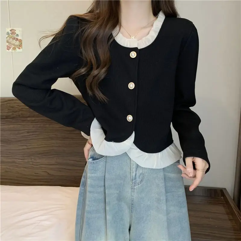 Vintage Patchwork Shirts Women Straight Design Autumn Elegant Crops Fashion Korean Simple Long Sleeve Blusas Cozy Temperament