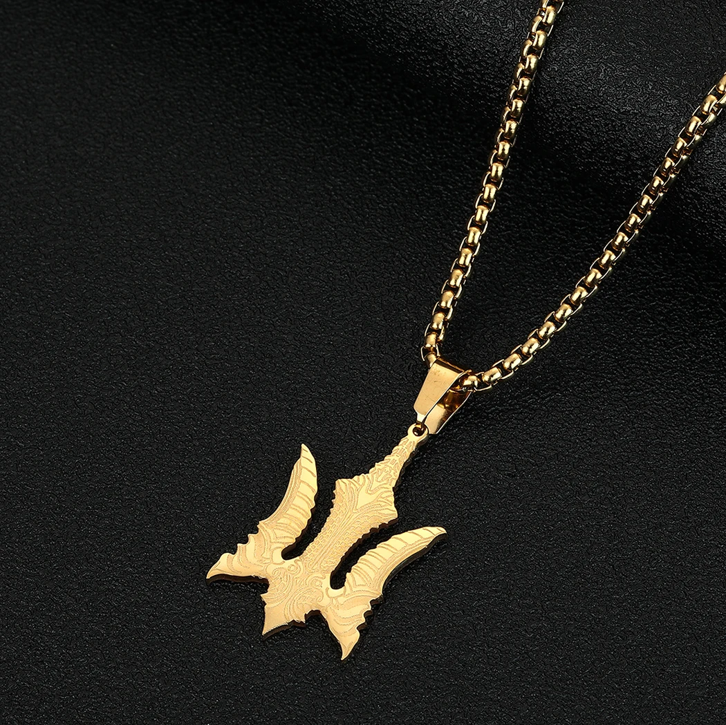 CHENGXUN Falcon Biomechanical Trident Pendant Necklace for Men Boys Stainless Steel Warrior Medallion Pagan Charm Chain Jewelry