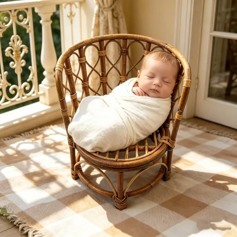 Newborn Photo Props Retro Rattan Basket Chair Infant Posing Bed Studio Photography Backdrops Baby Accessories for Boys Girls