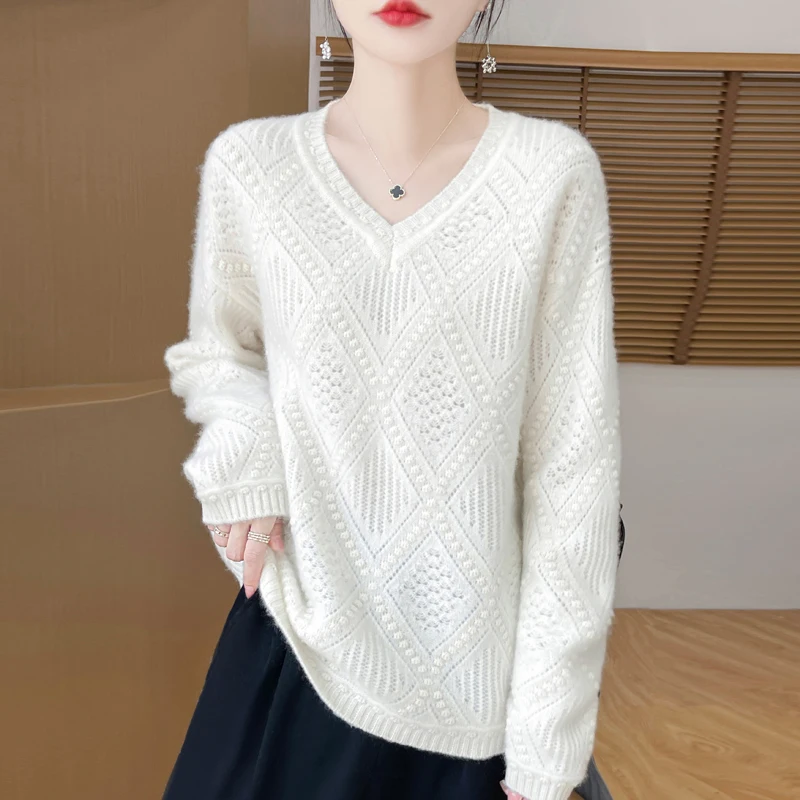 Women\'s Pullover Autumn/Winter 100% Pure Wool Sweater Casual Solid Color Knitted Sweater V-Neck Loose Tops Fashion Hollow Blouse