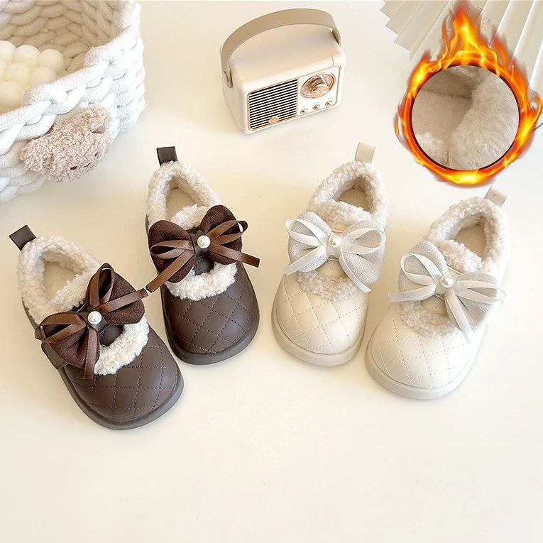 

Winter Baby Girls Plush Warm Cotton Shoes New Fashion Cute Bow Soft Sole Childrens Causal Sneakers Non-Slip Kids Cotton Boots