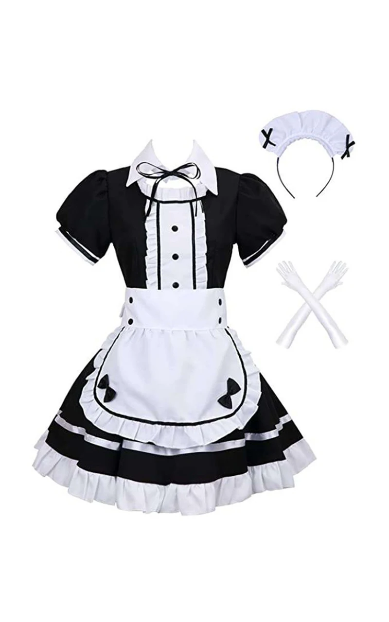 Robe de demoiselle d'honneur élégante noire, robe de cosplay, à volants, avec nœud papillon, style universitaire mignon, avec tablier, gants, couvre-chef, cravate, adaptée aux robes d'occasion spéciale en mascarade, jeux de rôle, costumes de fête sur le thème d'anime