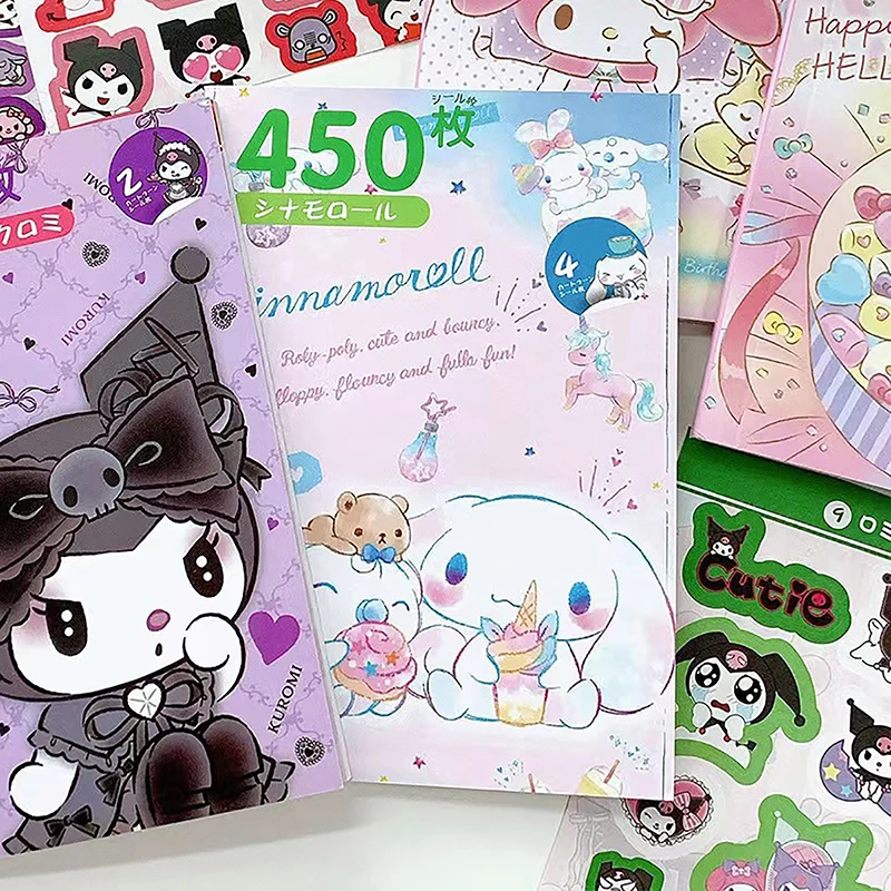 sanrio cartoon sticker book kawaii kuromi adesivo conta decoracao mao para meninas presentes 450 pcs por conjunto 01