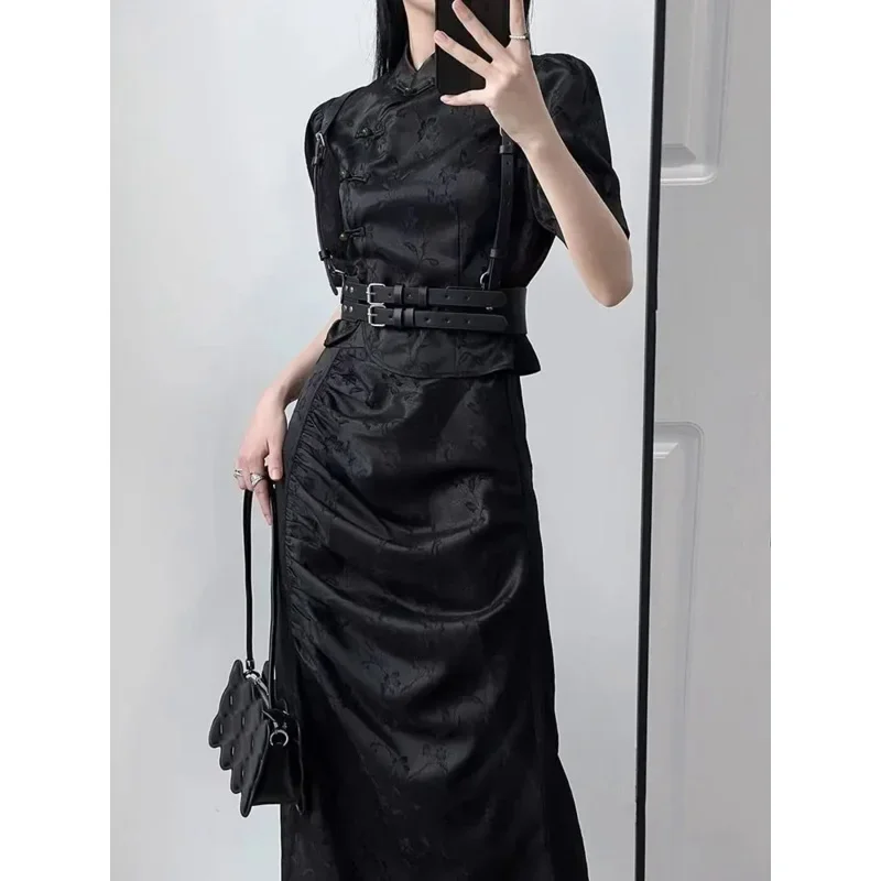 New Chinese style qipao sexy suit black jacquard Chinese dress improved cheongsams women Summer dark Gothic dress vestidos