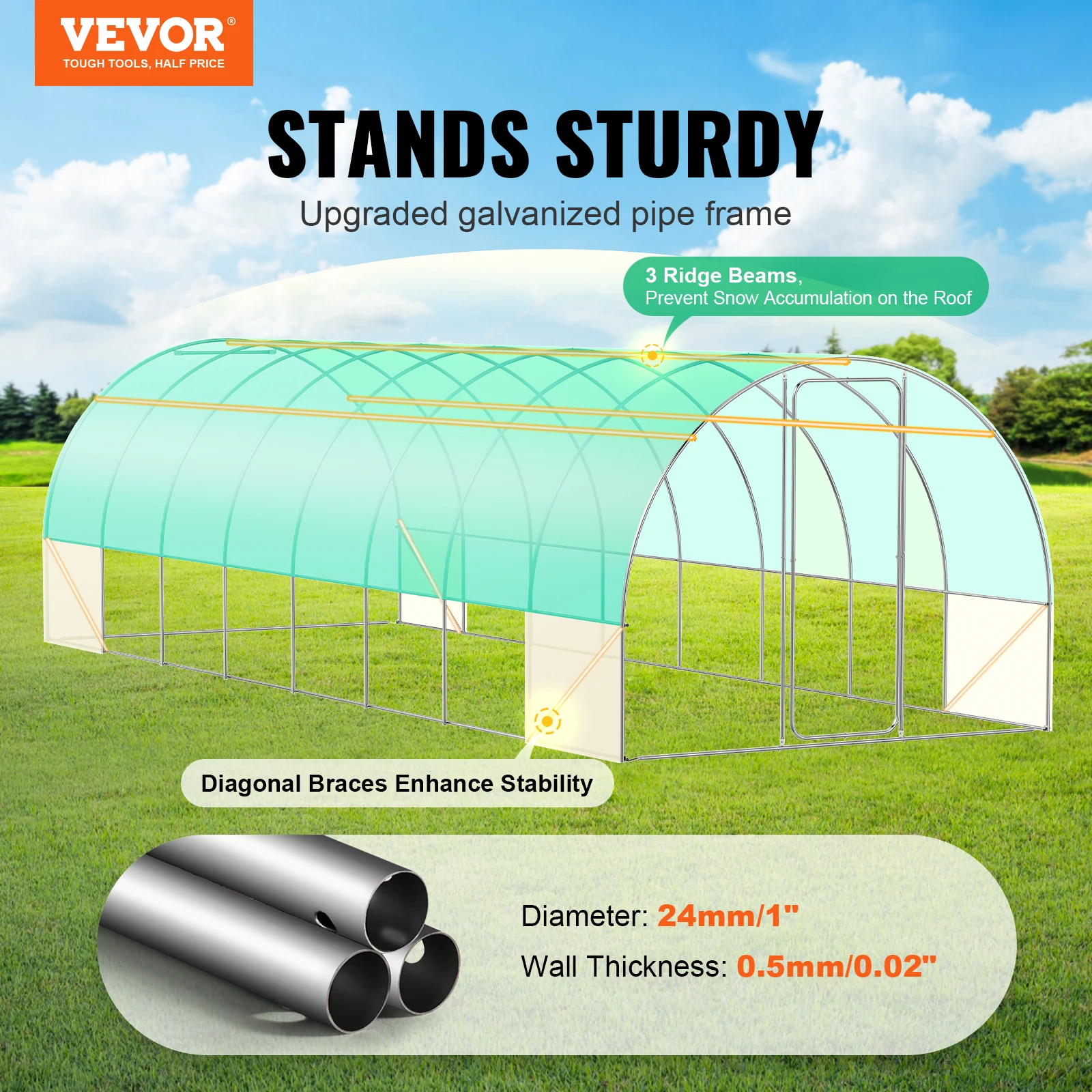 VEVOR Walk-in Tunnel Greenhouse 27.4x9.5x7.4ft Hoop House Greenhouse Tunnel Plant Hot House w/Frame&PE Cover Roll-up Windows