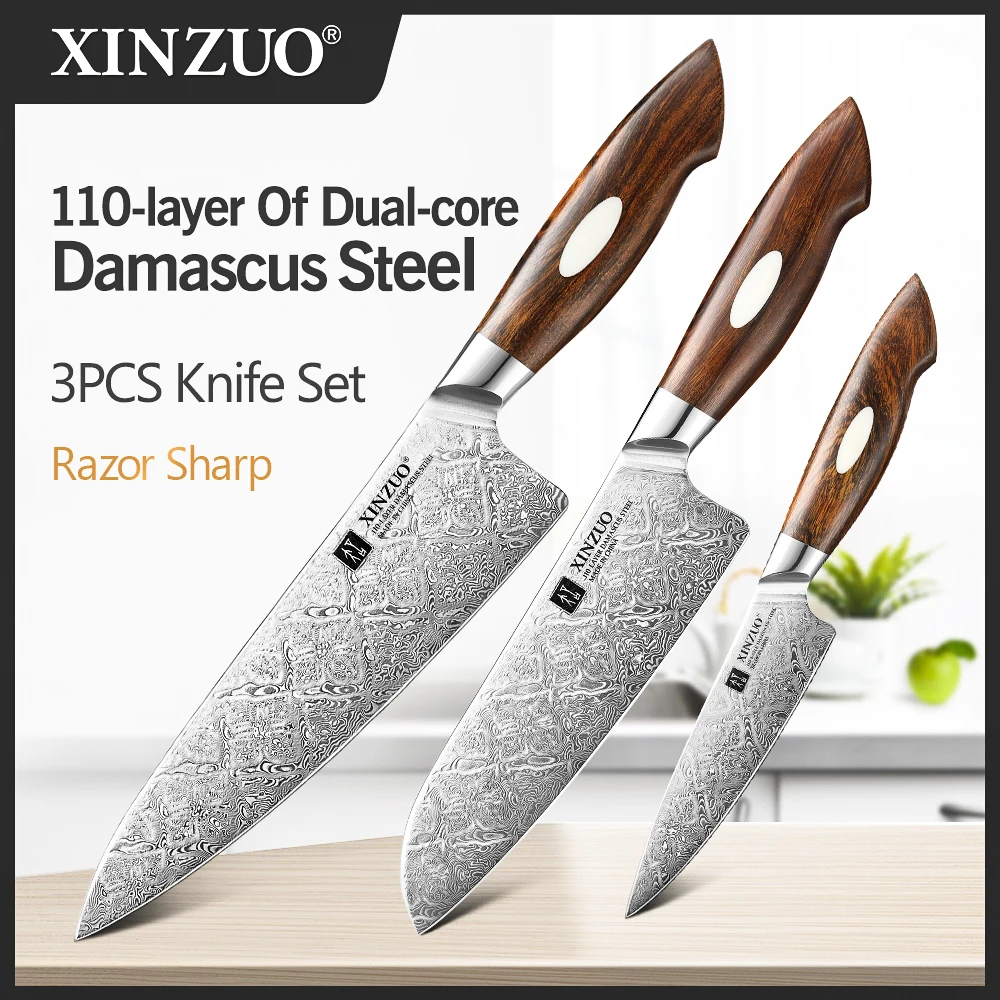 

XINZUO Three Pieces Set Kitchen Knives 110 Layers of Dual-core Damascus Steel 58-62 HRC Chef Santoku Utility Knife Cutlery Set