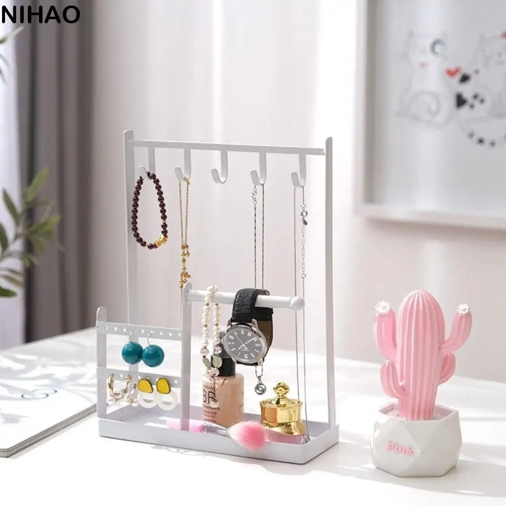 

Metal Jewelry Display Rack Multifunctional with Tray Dish Earrings Display Stand Desktop Organizer Hanging Hook