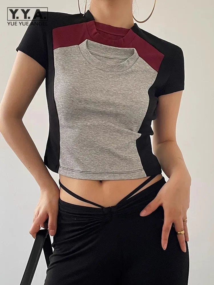 

Summer Women T-Shirt Personality Spliced Fake Three Pieces Slim Fit Sexy Cropped Top Design Hip Hop Fashion Pullover T-Shirts