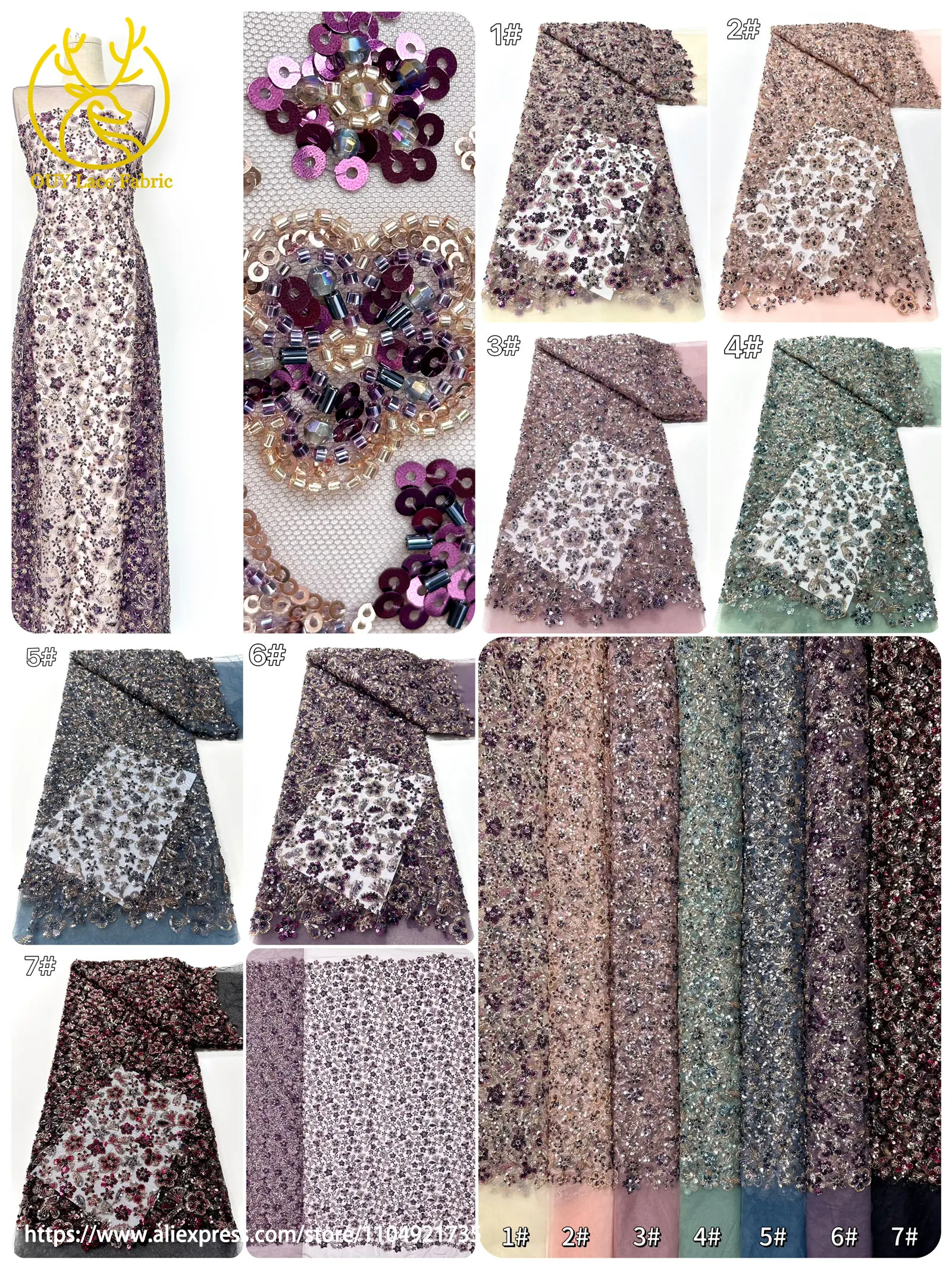 2026 Eleganter französischer Mesh-Spitzenstoff mit Perlen, hochwertiger afrikanischer nigerianischer Pailletten-Tüll-Spitzenstoff für Hochzeitskleider zum Nähen – Detail 3