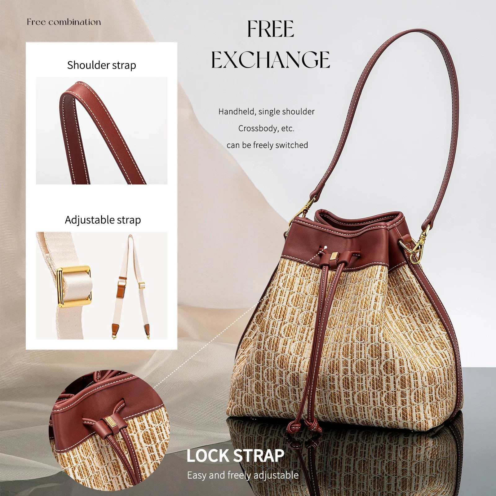 Simple Women's Letters Printing Shoulder Bag Retro Classic Style Fashionable Versatile Drawstring Opening Design Bucket Bag