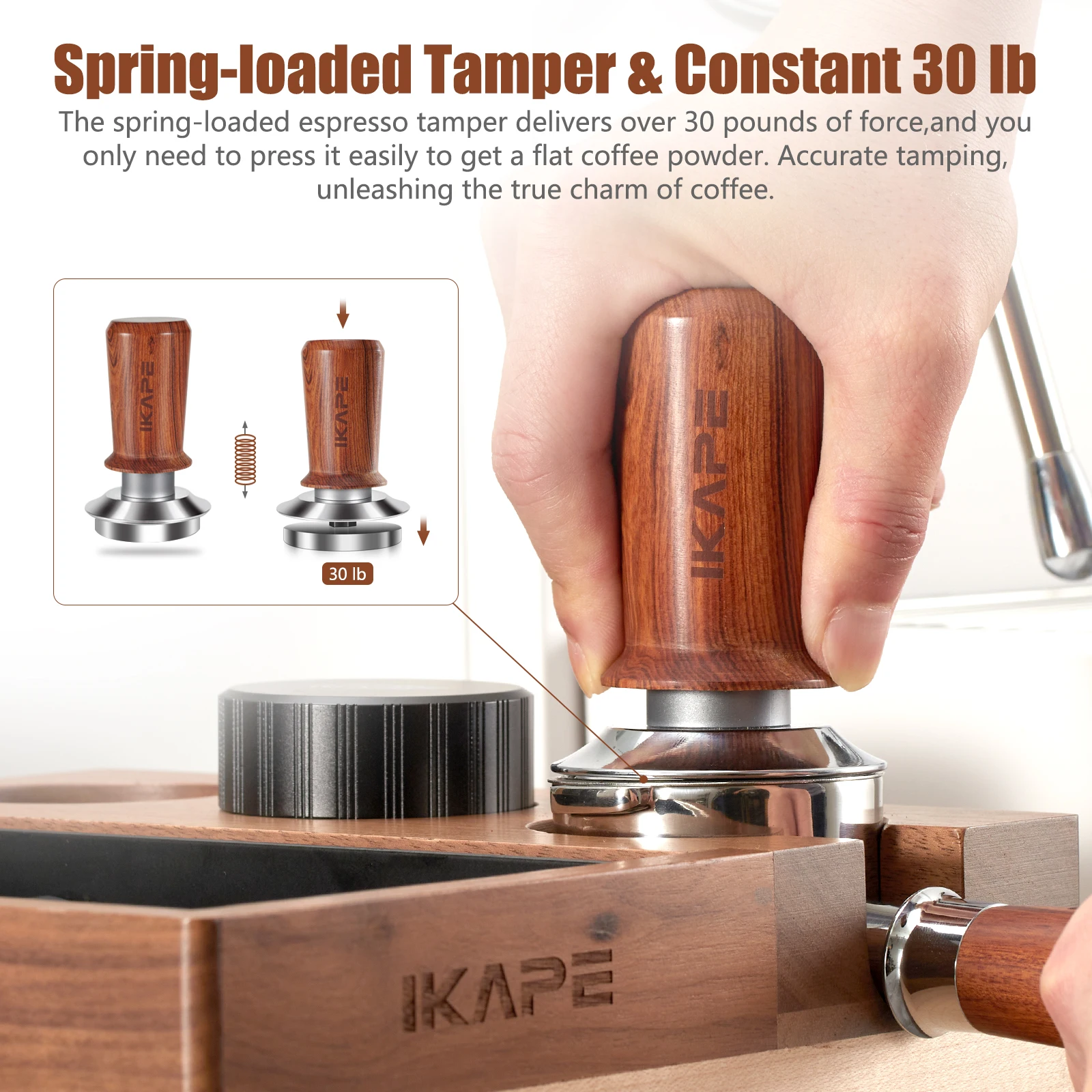 IKAPE Espresso Wood Tamper V3, Spring-loaded Calibrated Coffee Tamper with Premium Stainless Steel, Walnut Wooden-Handle Tamper