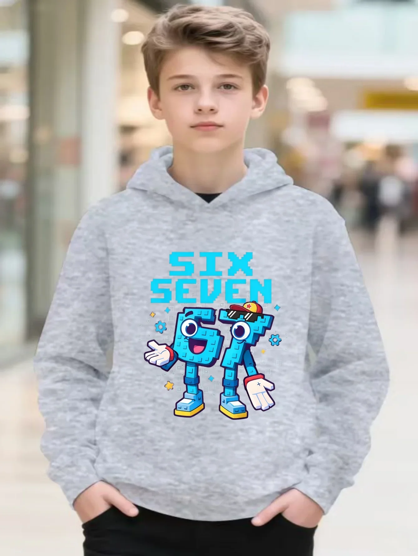 Kids Retro Game Hoodie Autumn Winter Fleece Lined Pixel 67 Six Seven Graphic Letter Print Long Sleeve Pullover