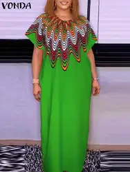 2024 VONDA Bohemian Printed Dress Women Summer Sundress Vintage Casual Loose Short Sleeve Long Maxi Robe Beach Holiday Vestidos