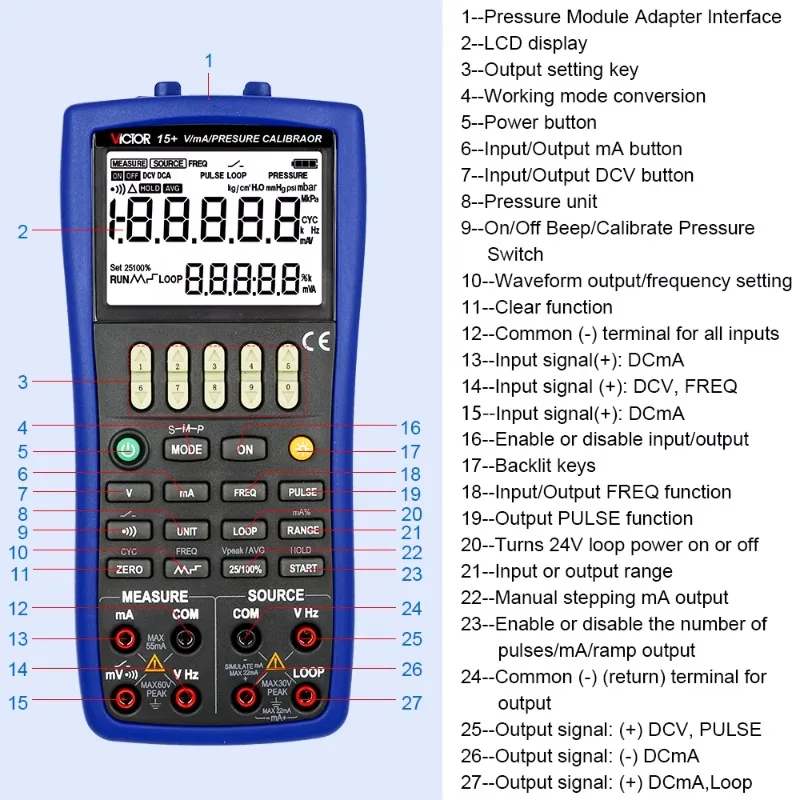 Calibrador de presión de más de 15 V/mA, transmisor de presión de calibración, interruptor de presión, calibrador de corriente de voltaje, fuente y medida