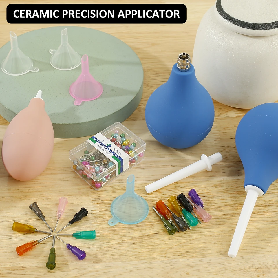 PPbreken Kit Botella Aplicadora Punta Precisión Cerámica: 50 Agujas, 5 Botellas, Embudos, Para Arcilla Y Esmalte