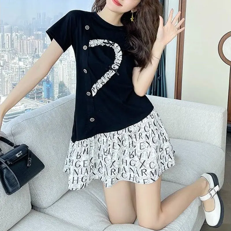 Stylish Asymmetrical Patchwork Dresses Folds Summer Short Sleeve Basic Women\'s Clothing A-Line Casual O-Neck Button Mini Dress