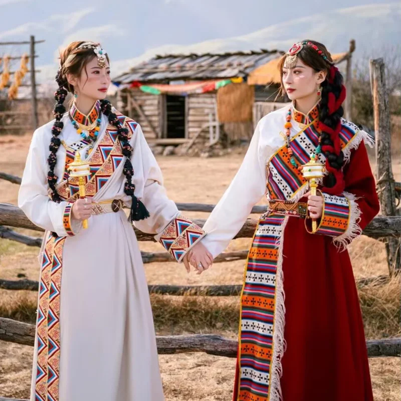 Traje tibetano feminino, nobre veste tibetana, estilo étnico e minoritário, traje de dança tibetana, vestido hanfu