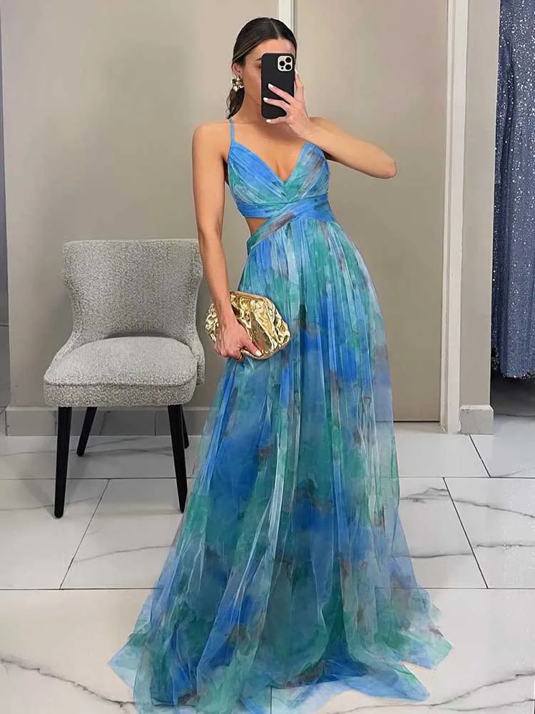Boho Chic Jurken voor Feestjes Hoge Taille Dames Zomerjurken Verjaardag Sexy Mesh Rugloze Spaghettiband Maxi Jurk Slankmakend - afbeelding 1