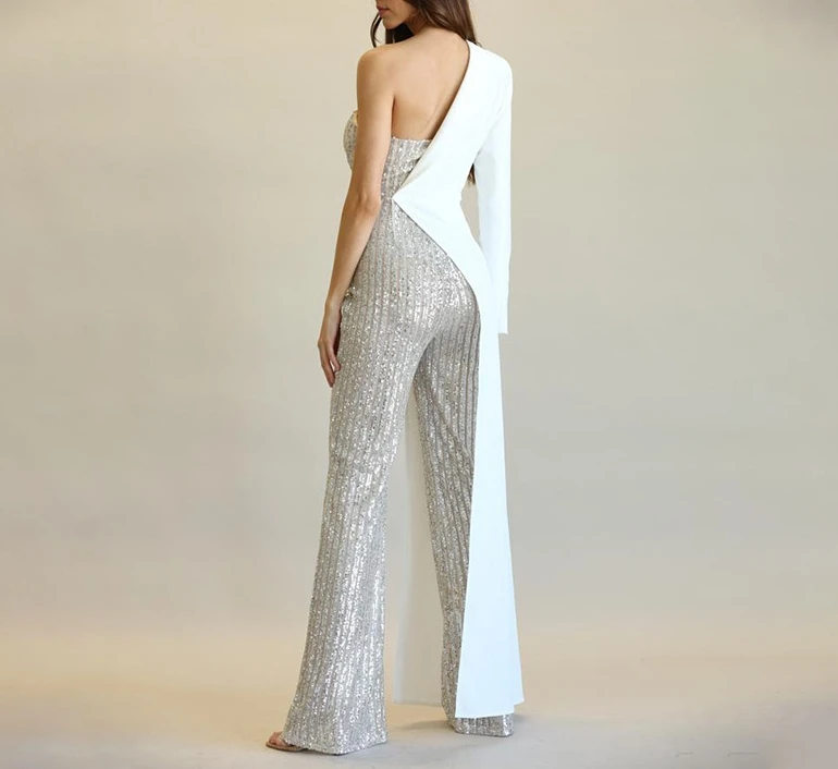 Jumpsuit Women 2024 Spring Fashion Splicing Sequins Elegant One Shoulder Long Sleeved Solid Color Wide Leg Work Long Jumpsuit