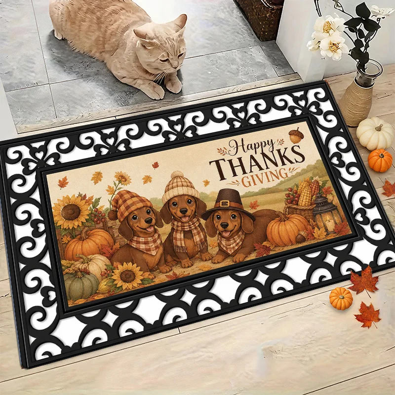 Cream Autumn Gnome Sitting On Pumpkin Basket Leaf Print Washable Durable Floor Mat For Cozy Fall Season Home Feature