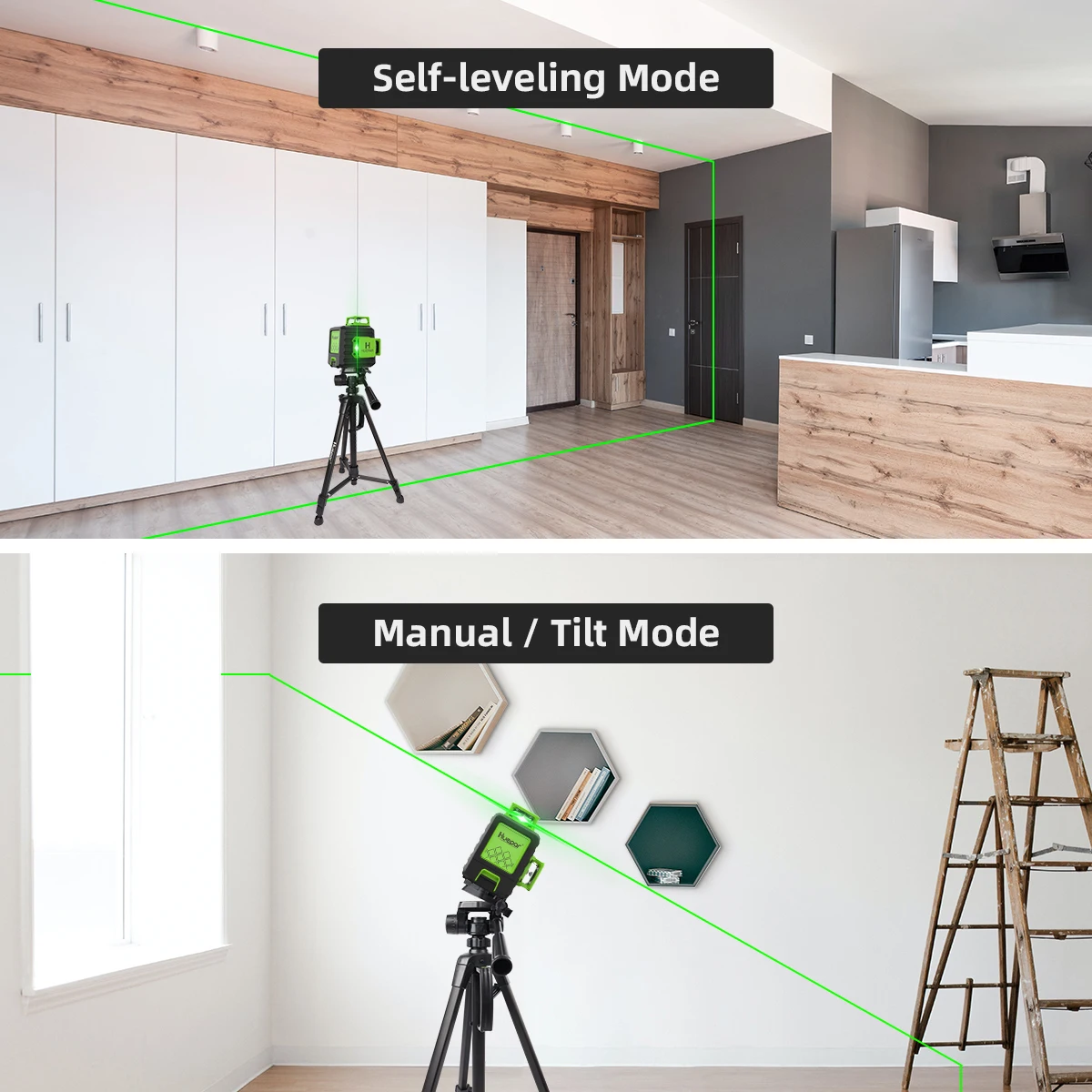 Huepar 3D Cross Line livello Laser autolivellante 3x360 Green Beam strumento Laser di livellamento e allineamento a tre piani con treppiede