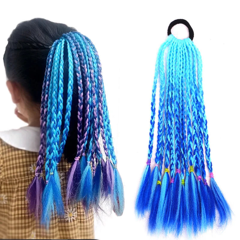 Kids Synthetic Blue Dirty Braided Ponytail With Elastic Band Gradient Color Braiding Pony Tail Hair Extensions For Girls Party