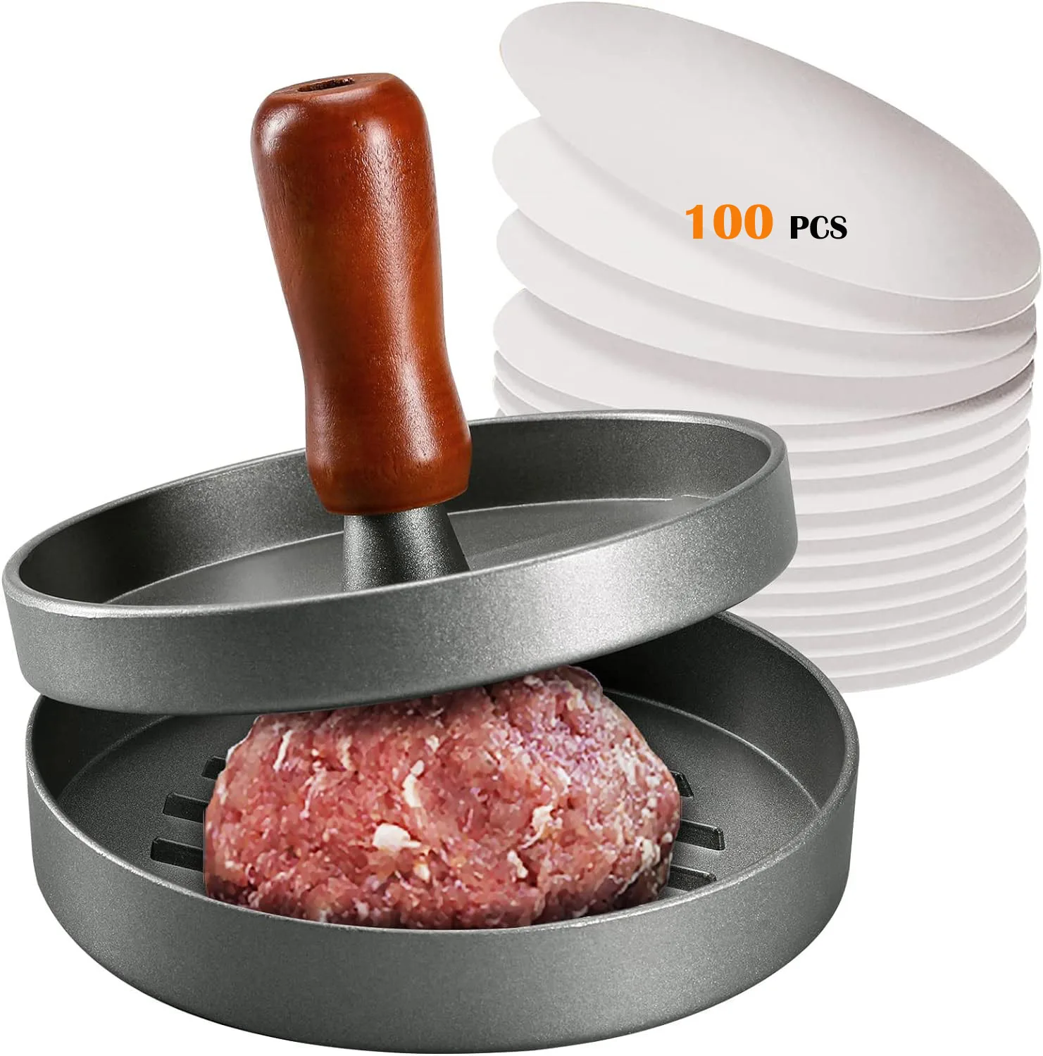 Burger Press Patty Maker Stainless Steel Hamburger Patty Press Mold Wood Handle Non-Stick with 100 Patty Papers